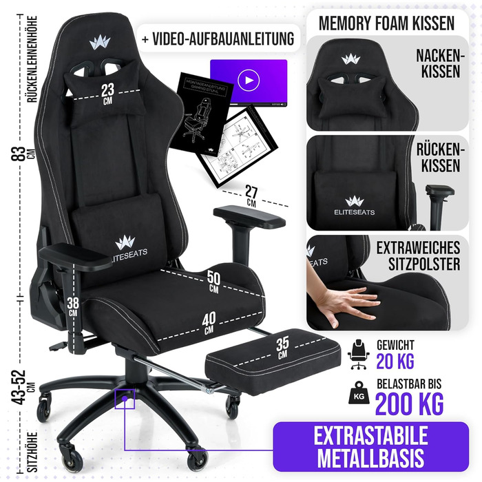 Ергономічне ігрове крісло ПЕРЕМОЖЕЦЬ ТЕСТУ Ролики, стійкі до подряпин, дихаючі, 4D підлокітники, з підставкою для ніг Ергономічне ігрове крісло з тканини, вантажопідйомність 150 кг Ігрове крісло Ігрове крісло, чорне