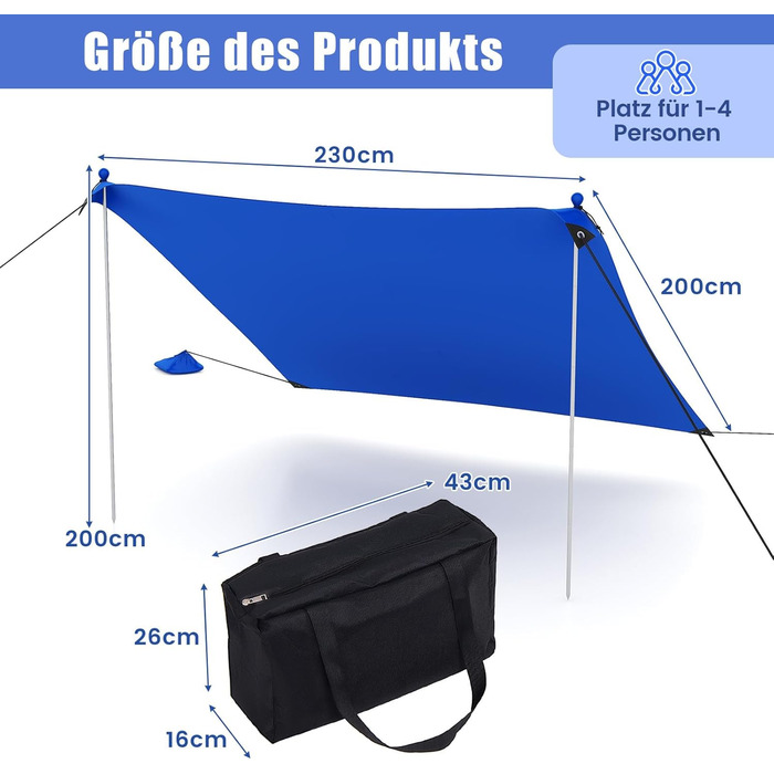 Пляжний намет COSTWAY 230 x 200 см, UPF 50, Сонячний намет з піщаними кріпленнями, мішками з піском та 2 опорними стійками, портативний сонцезахисний навіс, сонцезахисний тент для пляжу, риболовлі, пікніка (синій) 230 x 200 см синій
