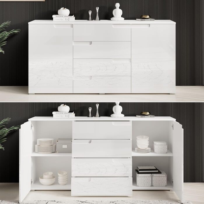 Комод Stella Trading SPICE, глянцевий білий - Сучасний комод з великою кількістю місця для зберігання речей у вашій вітальні - 165 x 80 x 40 см (Ш/В/Г)