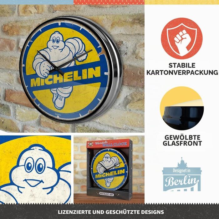 Ретро-настінний годинник Nostalgic-Art, Ø 31 см, Michelin Bibendum 80-х ідея подарунка для автофанатів, оригінальний ліцензійний продукт (OLP), великий кухонний годинник у вінтажному дизайні, декор з шинами