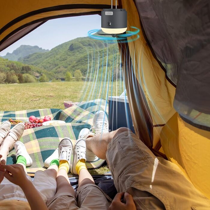 Наметовий світильник з вентилятором - зарядний від USB з 4 швидкостями вітру, як спорядження для виживання Кемпінговий вентилятор з гачком для приміщень, вулиці, офісу, відключення електроенергії, автомобіля, тенту