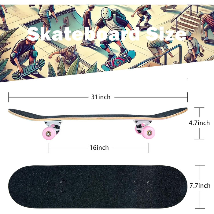 Скейтборд CLCYTIP 31 x 8 дюймів - повний круїзерний скейтборд для початківців, 8-шарова кленова дека, ABEC-11 кулькові підшипники, увігнута дека з подвійним кіком, для підлітків та дорослих, рожевий JG дизайн