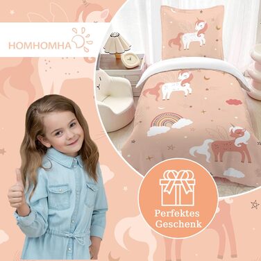 Постільна білизна HOM Unicorn 135x200 для дівчаток - рожева райдужна постільна білизна для дітей - з наволочкою 80x80см 2 шт. Одно
