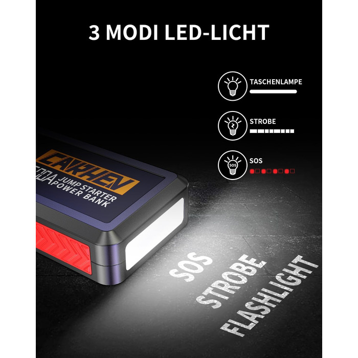 Стартерний зарядний пристрій 5000A для автомобілів, автомобільний стартерний зарядний пристрій, зарядний пристрій для стартера 12 В (до 8,0 л бензину або 8,0 л дизельного палива), підсилювач акумулятора автомобіля з USB-виходами для швидкої зарядки та сві