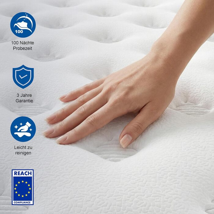 Матрац 140x200 см, висота 26 см, 7-зонний пружинний матрац, рівень жорсткості H3, гібридний матрац з 1000 пружинами та піною з ефектом пам&39яті, підтримка спини, ізоляція руху, зняття тиску, дихаючий 140 x 200 см