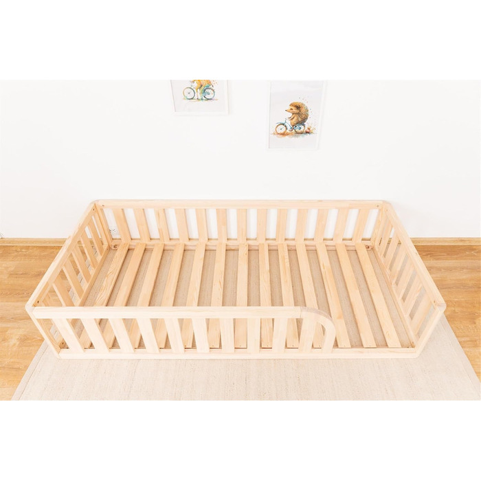 Ліжко Монтессорі, підлогове ліжко з рейковою основою, ліжко з захисними поручнями, дитяче ліжко, дерев&39яне ліжко з каркасом для хлопчиків та дівчаток, 160x90 см, натуральне дерево 160x90 см натуральне дерево - отвір для ліжка праворуч