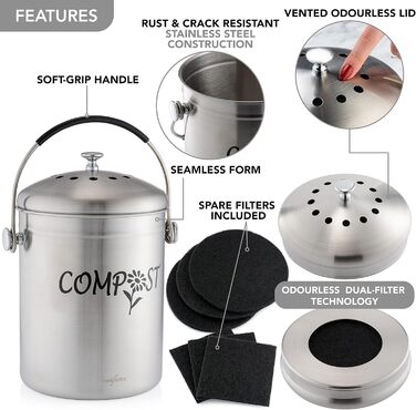 Компостний контейнер для кухні з нержавіючої сталі без запаху - контейнер для органічних відходів - з безкоштовними фільтрами з ак