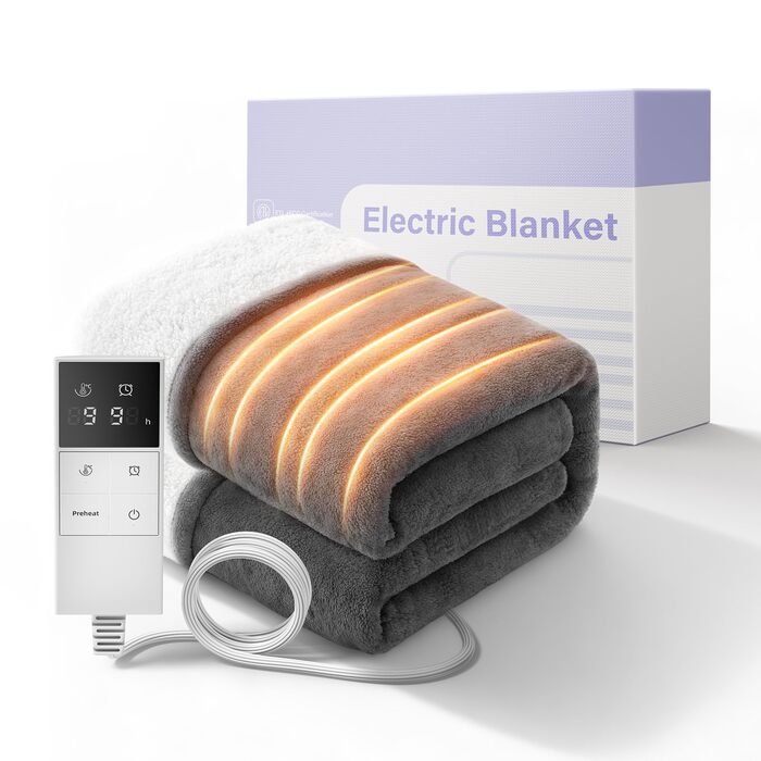 Електрична ковдра з підігрівом, автоматичним вимкненням та 9 зонами нагріву, 160x120 см, таймер 1-9 годин з функцією пам&39яті, швидкий та рівномірний розподіл тепла, двостороння фланель та овчина, 160 x 120 см для 1 особи / дивана