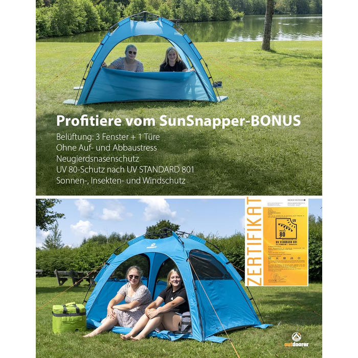Намет для активного відпочинку SunSnapper Air - UV 80, що швидко розкладається, з 4 дверима та 3 вікнами, швидко встановлюється або автоматично встановлюється, замикається, із захистом від ультрафіолету 80, екраном для приватності та захистом від комах