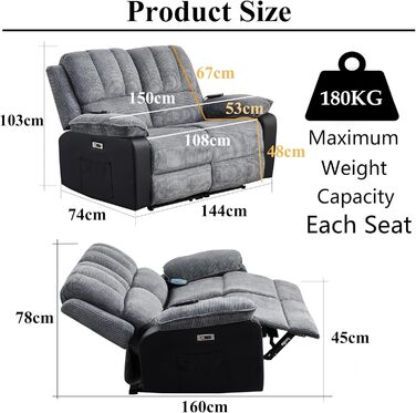 Електричний диван LSLIFE з функцією масажу та підігріву, масажний диван, крісло, лінивий реклайнер для людей похилого віку, ергономічний диван для відпочинку (синій, 2 особи)