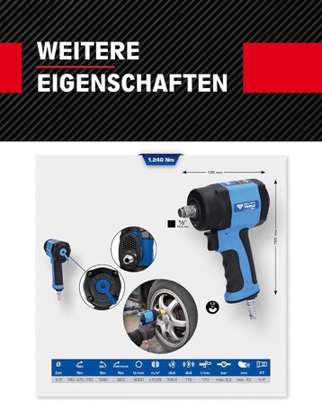 Міні-гайковерт пневматичний 1/2 BT160400 1,240 Нм I Ударний гайковерт стисненого повітря, регульований у 3-х ступенях I Високоефек