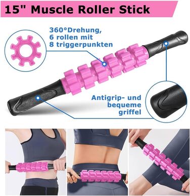 Ролик для фасції, Qveetry 6 в 1 пінопластовий ролик, набір роликів для фасції з масажною роликовою палицею, стрічки опору для силових тренувань, масажний м&39яч, фітнес-стрічки, пінопластовий ролик 33 см для йоги, пілатесу, спорту, рожевий