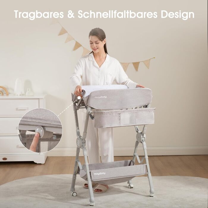 Складаний пеленальний столик Maydolly з регульованою висотою, мобільний пеленальний столик з колесами, водонепроникний та легкий у догляді пеленальний килимок, компактний пеленальний блок з відділеннями для зберігання сірий