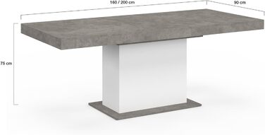 Розкладний прямокутний обідній стіл Eden, на 6-10 осіб, бетонний та білий, 160-200 см