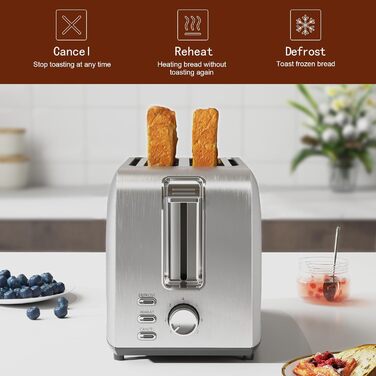 Тостер-2 слоти для тостів, тостер з нержавіючої сталі, тостер на 2 скибочки, 7 рівнів, функція розморожування, функція підігріву,