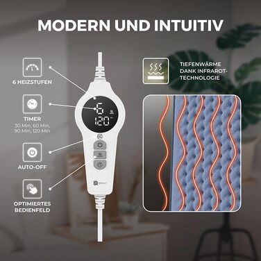 Інфрачервоний грілка BR Bringer з автоматичним вимкненням - 6 налаштувань температури (25-60C), захист від перегріву, можна прати в пральній машині, світлодіодний дисплей, дуже м&39яка фланель (синій, 60 x 30 см) синій 60 x 30 см