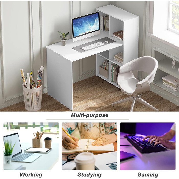 Письмовий стіл eSituro з 6 полицями, 120x63 см, білий комп&39ютерний стіл з місцем для зберігання, офісний стіл, ПК-стіл, кутовий стіл для навчання, вітальні, спальні, офісу, можна встановити ліворуч або праворуч