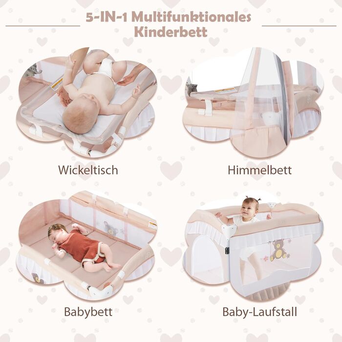 Дитяче ліжечко DREAMADE 5-в-1 для подорожей з матрацом та балдахіном, складне дитяче ліжечко на колесах, пеленальний столик та манеж, приліжкове ліжечко з музичною скринькою та підвісними іграшками, для новонароджених 0-36 місяців (рожеве)