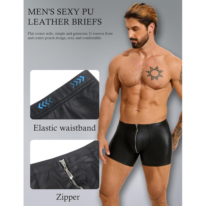 Чоловічі PU-шкіряні боксерки ohyeahlady, еротична білизна, з виступною U-подібною кишенею та блискавкою, чорний, L