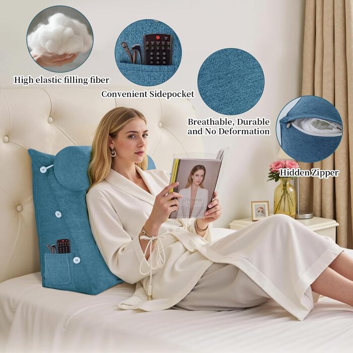 Клиноподібна подушка для читання для ліжка, регульована декоративна подушка для читання, трикутна подушка, клиноподібна подушка для дивана для поперекового відділу хребта, подушка для підтримки шиї та спини зі знімним лляним чохлом, синя, 60 см