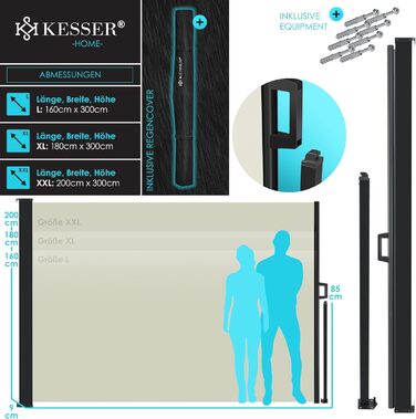 Розсувна бічна маркіз KESSER 180 x 300 см, непрозора, захист від вітру та конфіденційності для саду, балкону та тераси, бічна рулонна штора з настінним кріпленням, вкл. захист від негоди та монтажні аксесуари, бежевий 300 x 180 см