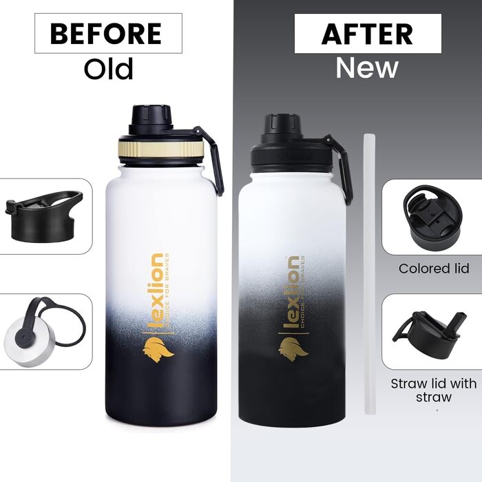 Ізольована пляшка для води з нержавіючої сталі Lexlion для спорту, 900 мл, металева пляшка, сучасний вакуумний термос з трьома сті