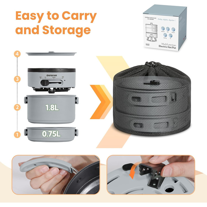 Електричний горщик для гарячої каструлі ENFRIFAM, портативний набір каструль для приготування їжі з горщиками та сковородою зі складною ручкою для автофургону, гуртожитку, офісу, на відкритому повітрі, кемпінгу, каструля для супу 1,8 л 0,75 л сковорода сі