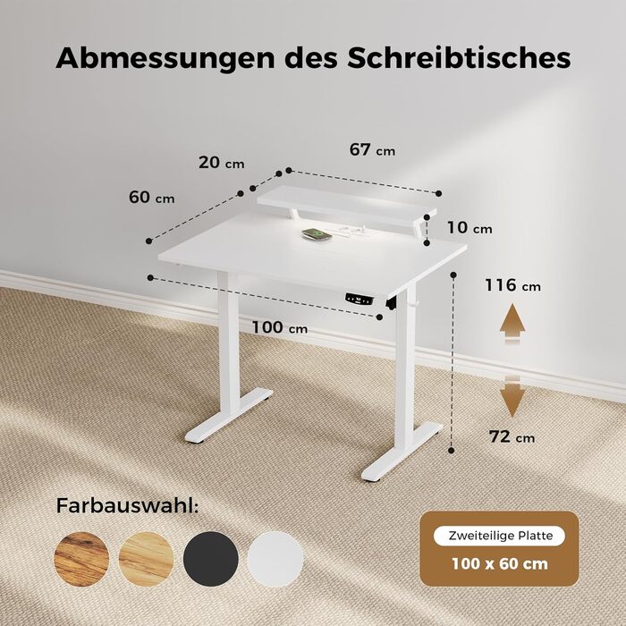 Електрично регульований по висоті стіл 100 x 60 см зі світлодіодною стрічкою, USB-портом та регульованою підставкою для монітора, стіл для роботи стоячи з 2-секційною стільницею, комп&39ютерний стіл, білий 100 x 60 см зі світлодіодним підсвічуванням
