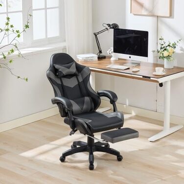 Геймерське крісло з функцією масажу та підставкою для ніг - Ергономічне офісне крісло, вантажопідйомність 150 кг, підтримка голови та попереку, регулювання висоти, поворот на 360, гоночний дизайн чорний/сірий, 116,5 x 52,0 x 64,5 см