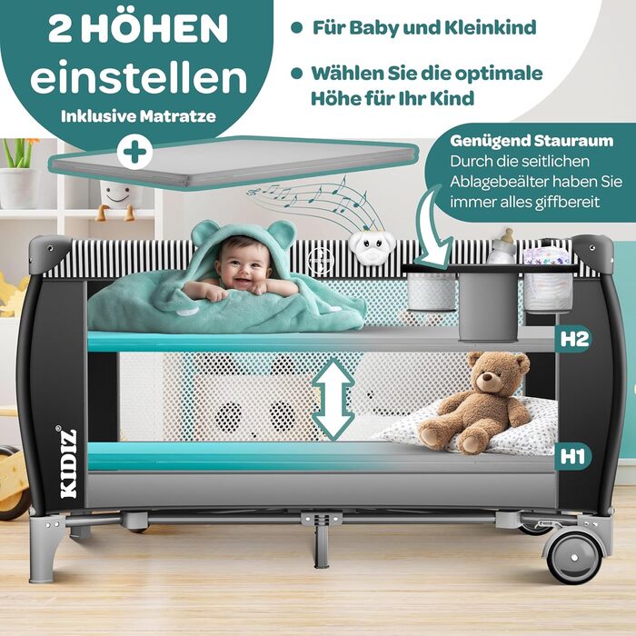 Дитяче ліжечко Kidiz Baby Travel Cot, складне дитяче ліжечко з матрацом та колесами 120x60, бічний вхід, пеленальний килимок, москітна сітка та сумка для перенесення, дитяче ліжечко, дитяче ліжко від народження до 15 кг, чорне