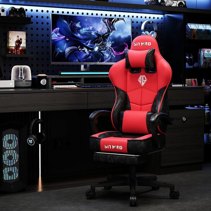 Офісне крісло SITMOD Ігрове крісло, велике ПК-крісло з регулюванням висоти, поворотне, ергономічне ігрове крісло зі штучної шкіри з підніжкою та поперековою опорою, поворотні робочі крісла на 360 - червоне