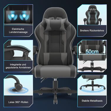 Ігрове крісло JUMMICO з функцією масажу, ергономічне офісне крісло 150 кг, ігрове крісло з надширокою подушкою сидіння 50 см, сіре