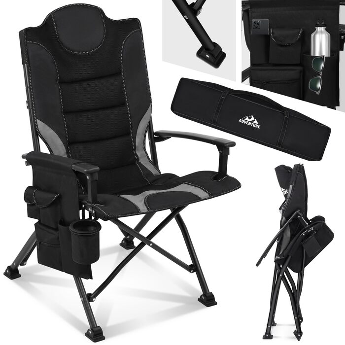 Складаний кемпінговий стілець, висока спинка, зручна оббивка з великим місцем для зберігання речей, підсклянник, 2 підлокітники, вантажопідйомність до 150 кг, компактний та легкий складний стілець із сумкою, чорний кемпінговий стілець