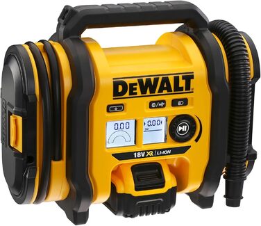 Акумуляторний компактний компресор Dewalt (підключення 12 В або акумулятор 18 В, 11 бар, для велосипедних та автомобільних шин, інвалідних візків, надувних човнів, повітряних подушок та матраців, включаючи аксесуари, без акумулятора та зарядного пристрою)