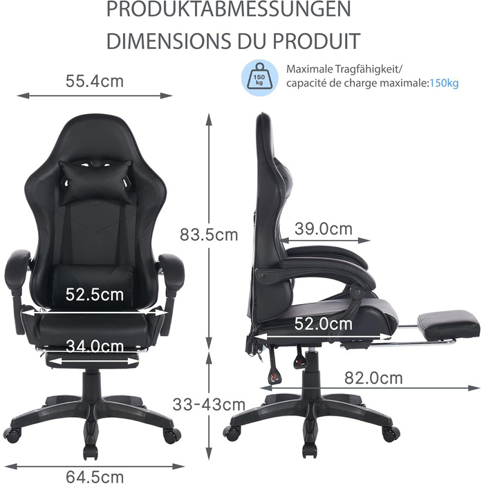 Шкіряне ігрове крісло, поворотне на 360 та ергономічне, з підголівником, поперековою опорою та підставкою для ніг, чорне