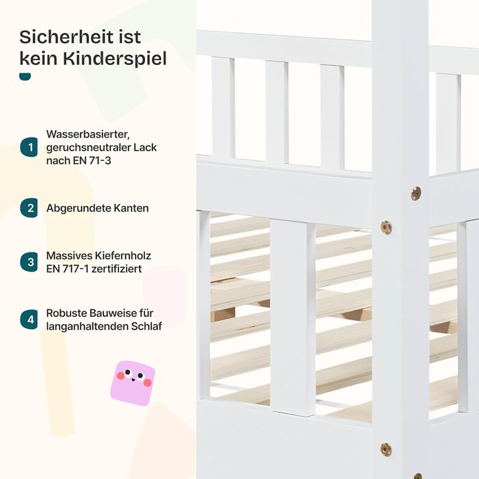 Дитяче ліжко Treviolo House 70 x 140 см, дерев&39яне, з поручнями, каркас ліжка Монтессорі з рейковою основою, соснове дерево, біле, 70 x 140 см