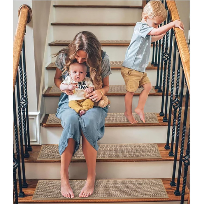 Лляні сходинки для дерев&39яних сходинок всередині приміщень, 76,2 x 20,3 см, 15 шт. , покращена самоклеюча основа, нековзні килимки для сходів, що знімаються та приклеюються, багаторазові 8x30 дюймів, бежевий 15