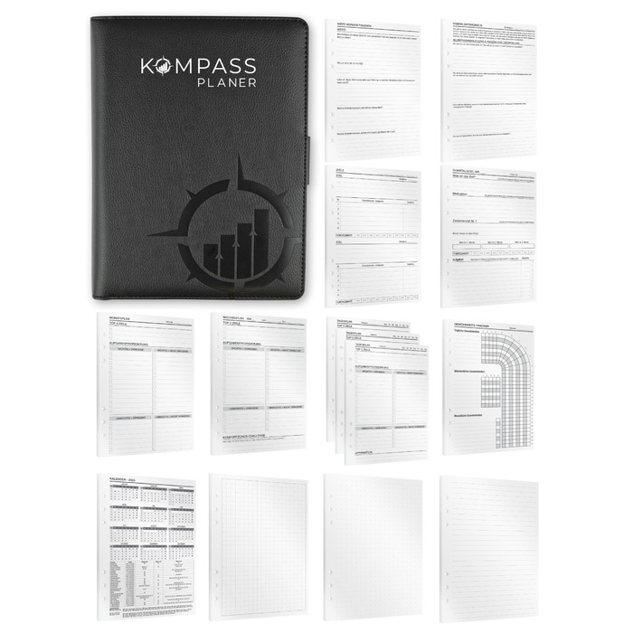 Папка-реєстратор KOMPASS A5 з кільцями, що замінюється, Стартовий набір, включаючи 309 вставок Папка-реєстратор успіху A5 Планувальник справ, щотижневий планувальник, планувальник зустрічей, календар, журнал Bullet, трекер звичок, чорний стартовий набір