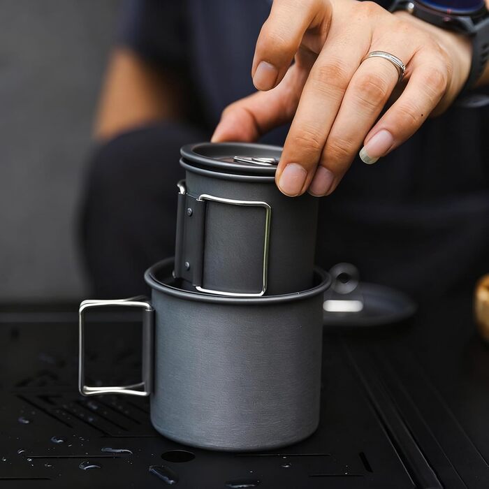 Кемпінгова кружка алюмінієва, 9,5 x 9,5 x 9,6 см, набір кухонного начиння, що штабелюється, зі складною ручкою легкий набір кавових чашок для кемпінгу на природі, портативний посуд для походів, пікніків