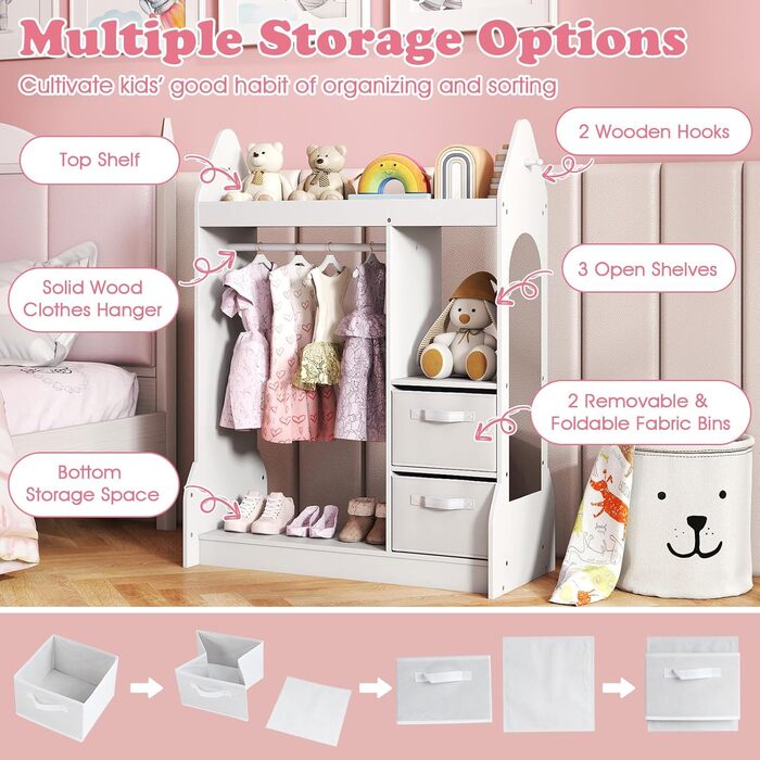 Дитяча шафа FANTASK з тканинними шухлядами, 81 x 38 x 107 см, Дитяча шафа з дзеркалом та вішалкою для одягу, Дерев&39яна вішалка для одягу для дитячих кімнат (біла)
