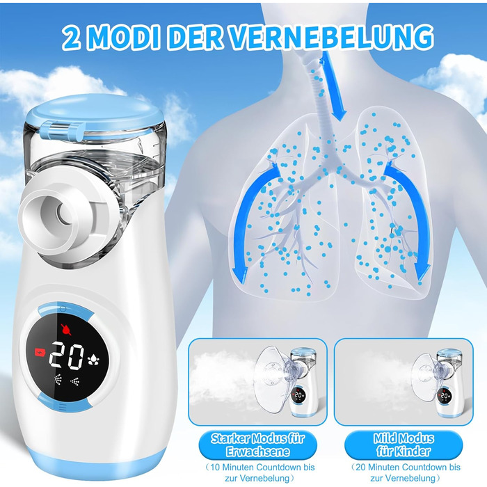 Цифровий інгалятор Wholeede, інгалятор для немовлят, дітей та дорослих, інгалятор-небулайзер зі зворотним відліком для небулайзерів, безшумний портативний інгалятор з 2-ма масками та мундштуком - синій