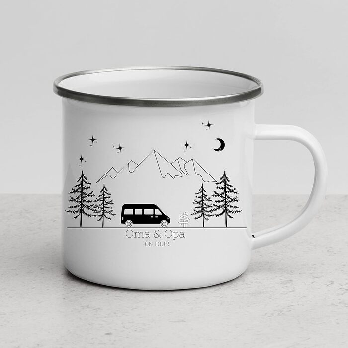 Емальована кружка Маленька Матильда, барвиста персоналізована кемпінгова кружка з іменем для кемперів, кавова кружка, аксесуар для караванів, кружка з нержавіючої сталі, подарунок для кемперів (чорний колір для кемперів)