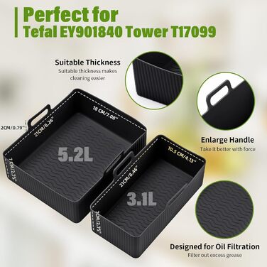 Аксесуари для фритюрниці Lifemaison 8PCS для Tefal EY9018 5.2/3.1 L, Cecotec Cecofry DuoSize 9 л 5.5/3.5 л, Salter EK5729, два розміри з подвійними ящиками, подвійні аксесуари з силіконовою формою для фритюрниці Black