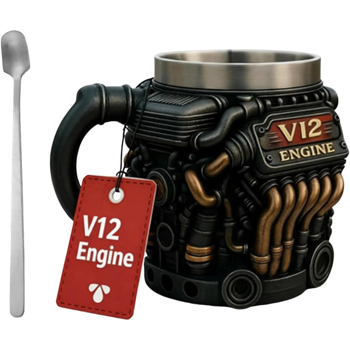 Кавова кружка, 300 мл, V12, нержавіюча сталь, двостінна, реалістичний дизайн, кавова кружка з мотивом двигуна для зими, балкону, двору, використання на вулиці, саду, пікніка, кемпінгу, вечірки, віскі