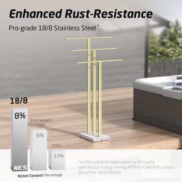 Вішалка для рушників KES, золотого кольору, тримач для рушників з 3 шт. ангами, окремостояча підставка для рушників, мармур та нержавіюча сталь 18/8, матове золото BTH217S3-BZ