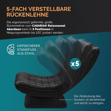 Крісло Casaria з регульованою спинкою, поворот на 360, складне, вантажопідйомність 150 кг, 60x105x87 см, м&39яке, ігрове крісло для вітальні, чорне