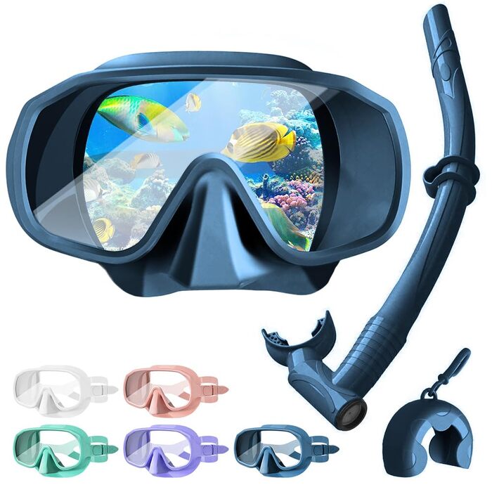Маска для дайвінгу з трубкою, комплект для дорослої трубки з двошаровим силіконовим обідком із захистом від запотівання та протікання, комплект для підводного плавання, панорамна маска 180, ідеально підходить для підводного плавання та дайвінгу, темно-син