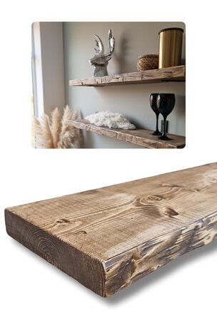 Антикварна настінна полиця з масиву дерева полиця у вінтажному стилі зістареного вигляду плаваюча або зі сталевими кронштейнами кухня, вітальня, тераса (100 см)