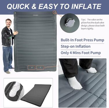 Самонадувальний килимок для сну Origem для 2 осіб, надлегкий надувний матрац 14 см для кемпінгу, надувний, невеликий розмір упаковки з ножним насосом, великий матрац для намету, рюкзака, походів та кемпінгу, сірий