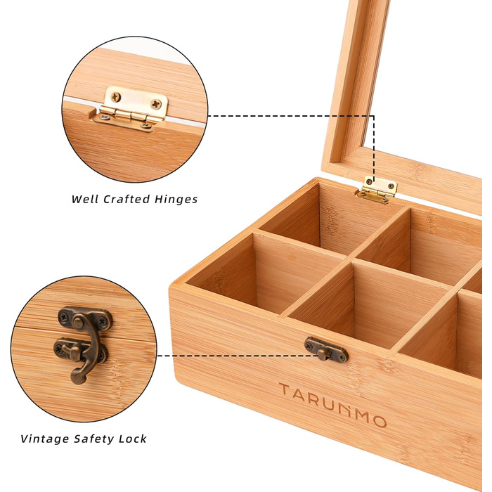 Чайна коробка, бамбук, 6 відділень, чайна скринька з оглядовим віконцем, органайзер для чайних пакетиків, ВxШxГ приблизно 22 x 16 x 9 см, натуральний колір, (1-221609)